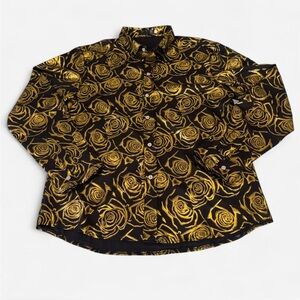 Men's Black Button-Down Shirt with Gold Rose Print